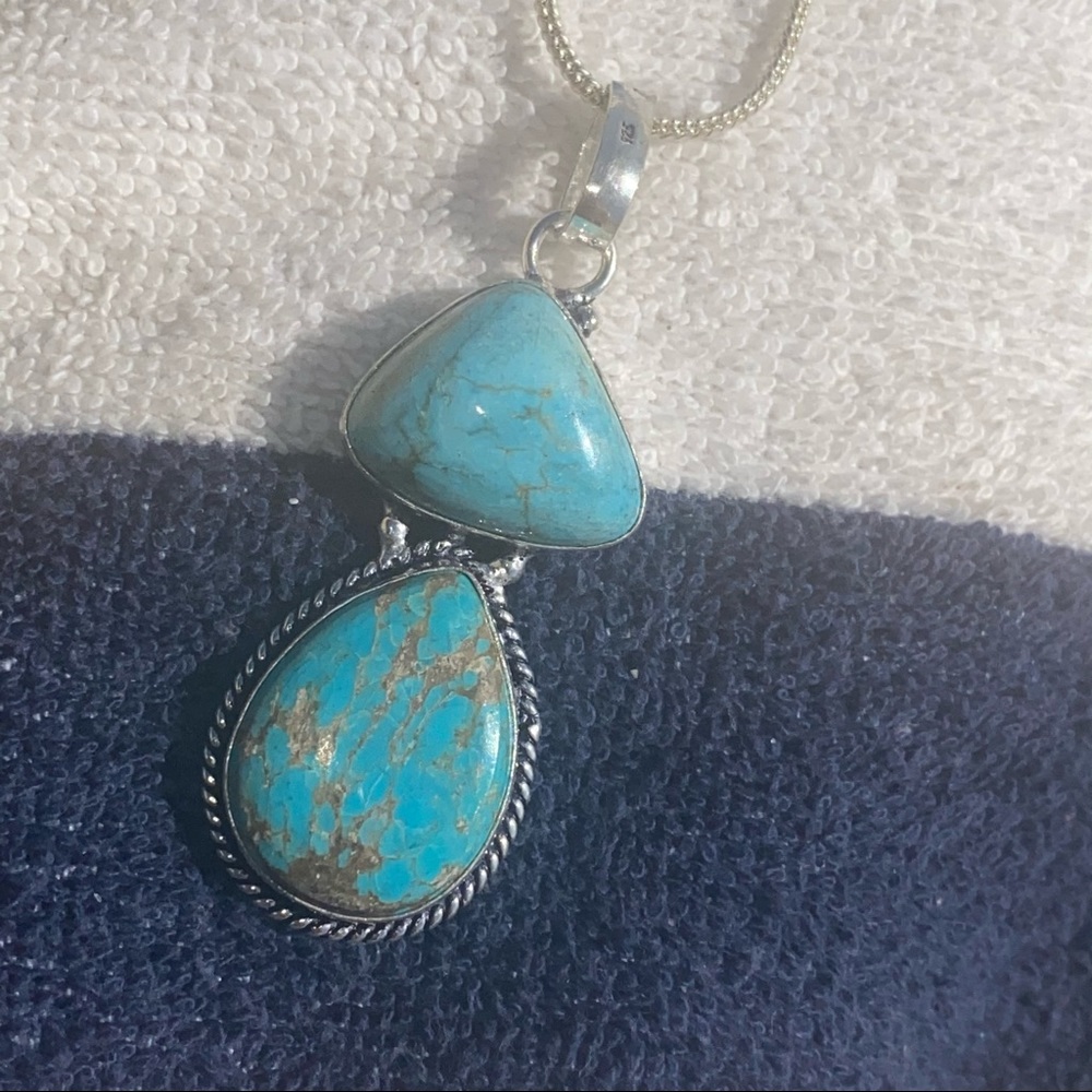 Turquoise Double Stone Teardrop Pendant set in Sterling Silver - Blue
